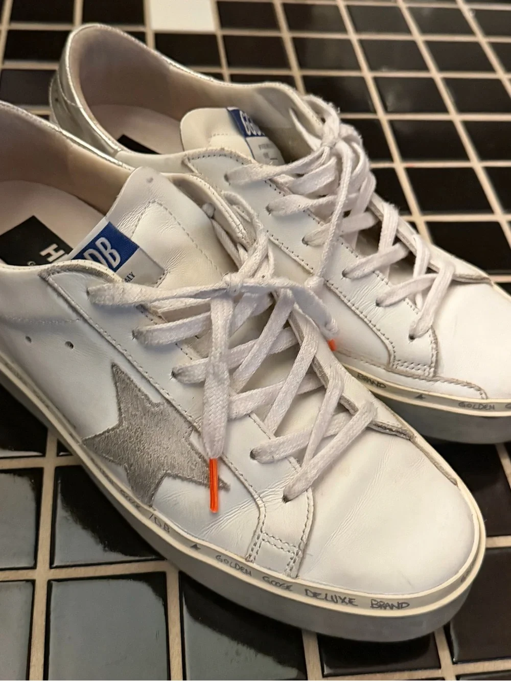 Golden Goose White Leather Sneakers with Gray Star and Orange Lace Tips